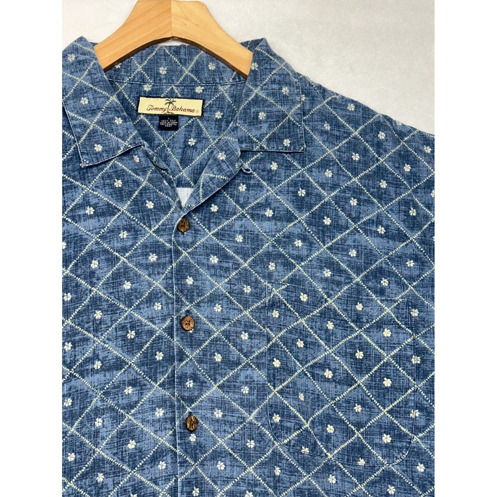 Tommy Bahama Mens Blue Silk Floral Diamond Grid‎ Camp Shirt Short Sleeve Large